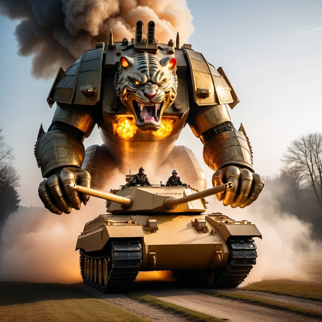 Prompt: Trump riding the biggest giant firebreathing armored wartiger in the world, overhead golden hour lighting, foggy wide angle view, infinity vanishing point