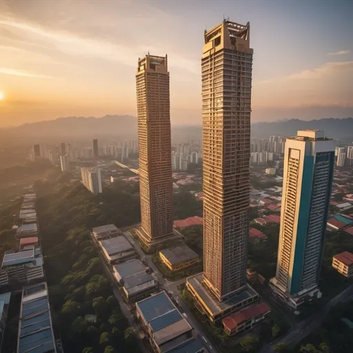 Prompt: city of pelinggih meru style mega skyscrapers, overhead golden hour lighting, extra wide angle view, infinity vanishing point