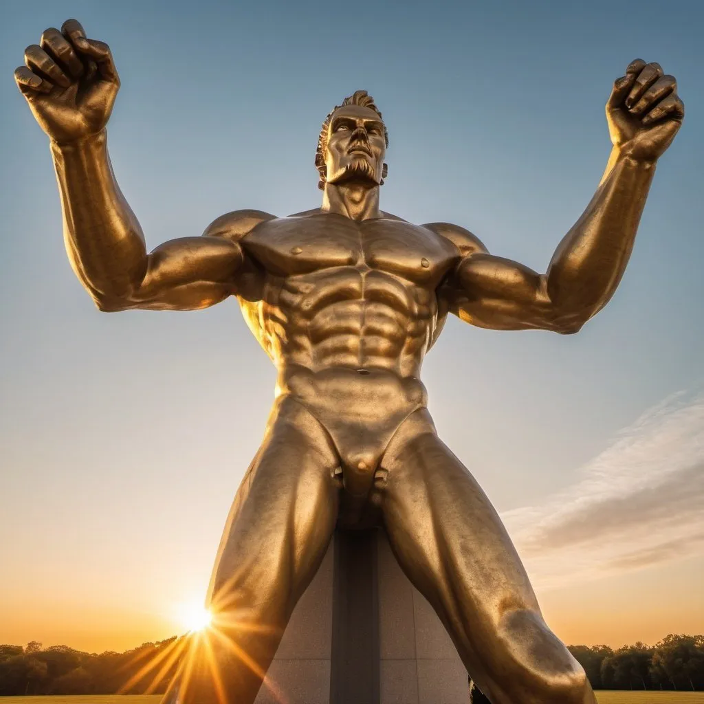 Prompt: strange giant statue, overhead golden hour lighting, extra wide angle field of view, infinity vanishing point