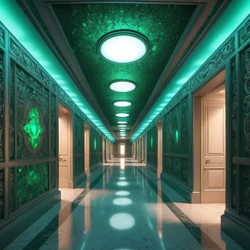 Prompt: surreal AI response, ornately detailed opal emerald bas relief hallway, overhead lighting shadows, wide angle view, infinity vanishing point