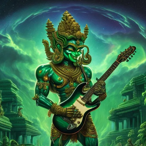 Prompt: wide view of an emerald bodybuilding vishnu playing guitar at an exotic temple, tropical jungle background, galaxy sky, infinity vanishing point