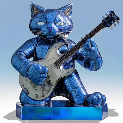 Prompt: ((((giant cat playing guitar) blue chrome statue inlaid with diamonds) in the style of Ron English) wide perspective view) infinity vanishing point