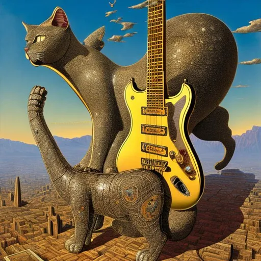 Prompt: ((((giant cat playing guitar) gold statue inlaid with diamonds) in the style of Jacek Yerka) infinity vanishing point) wide perspective view