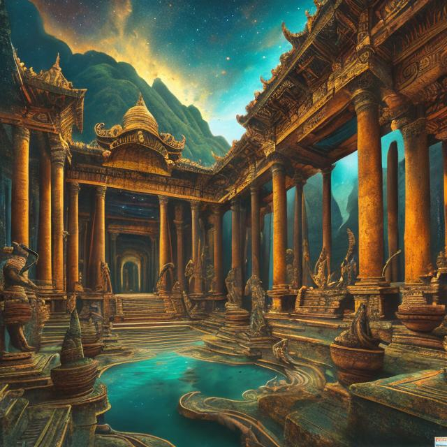 Prompt: wide view of an ancient patina bronze bodybuilding vishnu playing guitars at an exotic temple, tropical jungle background, galaxy sky, infinity vanishing point