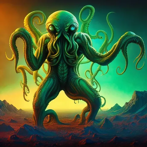 Prompt: widescreen ratio, body building cthulhu playing guitar, infinity vanishing point, fractal nebula background