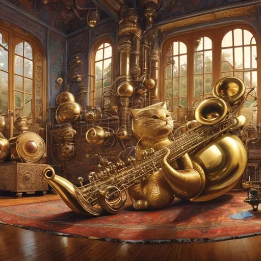 Prompt: panorama widescreen view of a giant brass cat playing a sitar, infinity vanishing point, in the style of Jacek Yerka