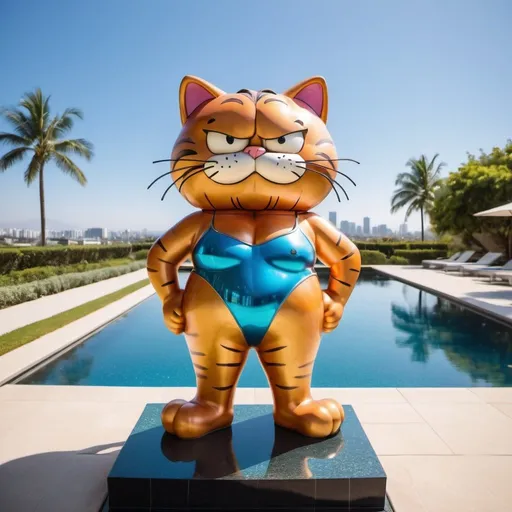 Prompt: giant garfield the cat in a swimsuit metallic statue, large wide infinity pool, wide angle view, 25 degree offset, infinity vanishing point