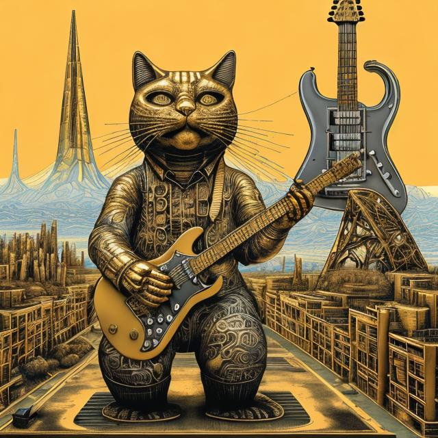 Prompt: giant acid etched gold statue of a giant cat playing guitar, in the style of Jacek Yerka, wide perspective view, infinity vanishing point