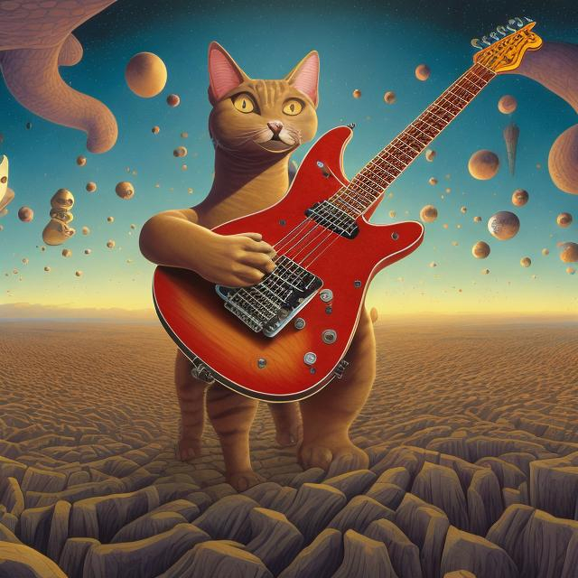 Prompt: panorama widescreen view of a giant cat playing guitar, infinity vanishing point, in the style of Jacek Yerka