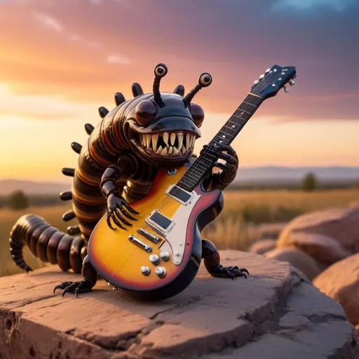 Prompt: giant millipede playing guitar, colorful apocalypse background, golden hour overhead lighting, extra wide angle view, infinity vanishing point