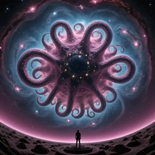 Prompt: giant nebula Yog-Sothoth, overhead lighting, wide angle view, surreal background proportions, infinity vanishing point