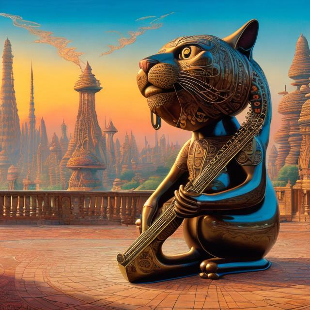 Prompt: panorama widescreen view of a giant bronze cat playing a sitar, infinity vanishing point, in the style of Jacek Yerka