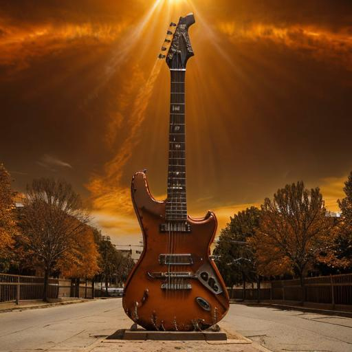 Prompt: giant rust streaked orange metal statue of a giant cat playing guitar, in the style of Jacek Yerka, widescreen view, infinity vanishing point