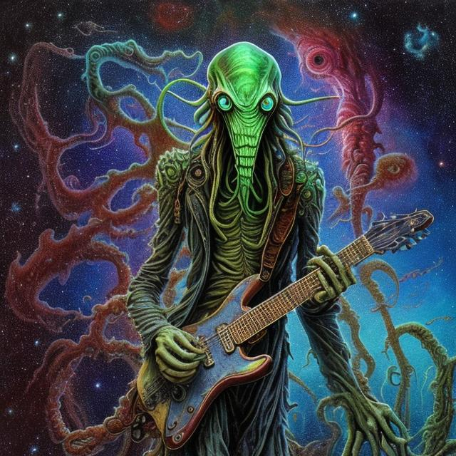 Prompt: anorexic Cthulhu playing guitar on the corner, infinity vanishing point, Pillars of Creation nebula background