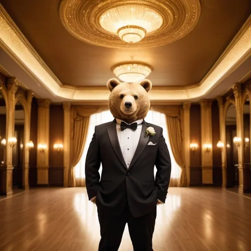 Prompt: dream date bear in a tuxedo, exotic ballroom background, overhead golden lighting, wide angle view, infinity vanishing point