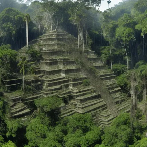 Prompt: wide panorama view of hundreds of xenomorphs climbing up pyramid in Belize rain forest jungle