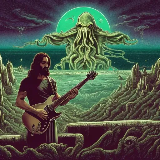 Prompt: wide view, jesus playing guitar in front of a patio grill, infinity vanishing point, Cthulhu nebula background