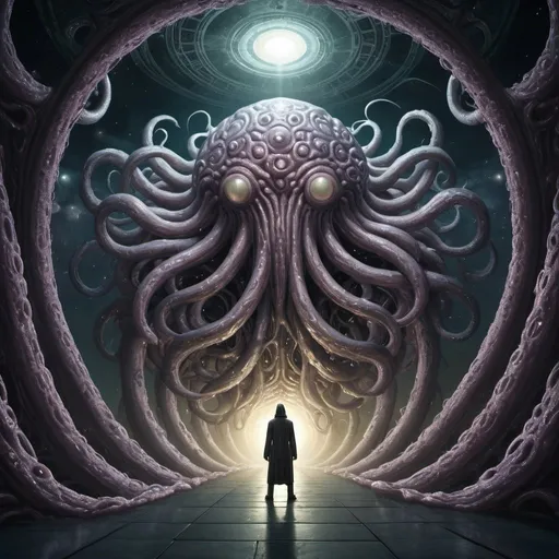 Prompt: giant Yog-Sothoth, overhead lighting, wide angle view, surreal background proportions, infinity vanishing point