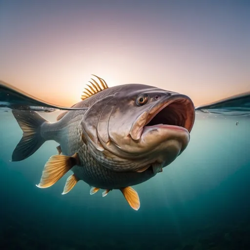 Prompt: biggest fish in the world, overhead golden hour lighting, foggy wide angle view, infinity vanishing point