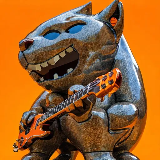 Prompt: ((((giant cat playing guitar) diamond statue inlaid with orange chrome) in the style of Ron English) wide perspective view) infinity vanishing point