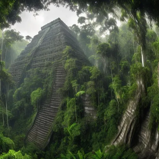 Prompt: wide panorama view of hundreds of xenomorphs climbing up pyramid in Belize rain forest jungle