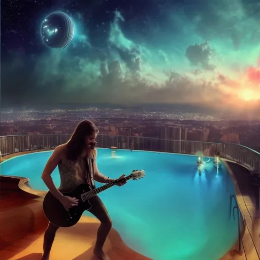 Prompt: view at 10 feet from a jesus band playing guitars, at an exotic rooftop infinity pool, infinity vanishing point, cthulhu nebula background