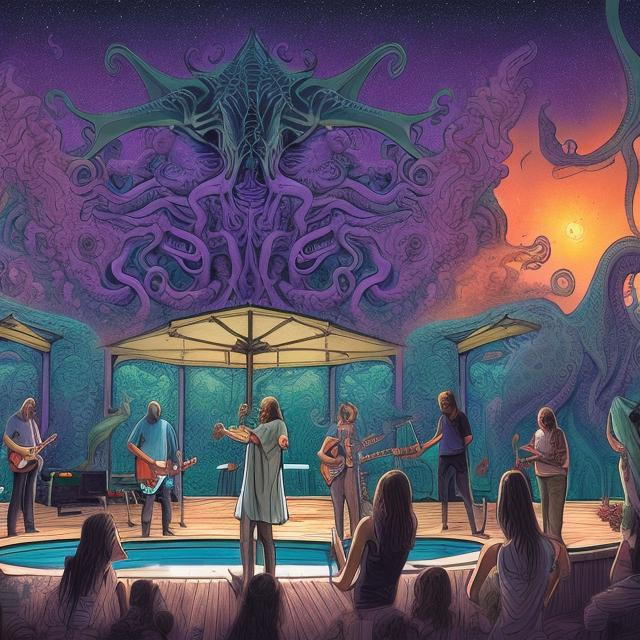 Prompt: wide perspective, jesus band playing guitars at a poolside patio gazebo party, infinity vanishing point, Cthulhu nebula background
