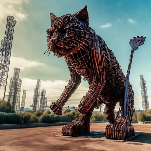 Prompt: giant rust streaked acid etched steel statue of a giant cat playing guitar, in the style of Jacek Yerka, widescreen view, infinity vanishing point