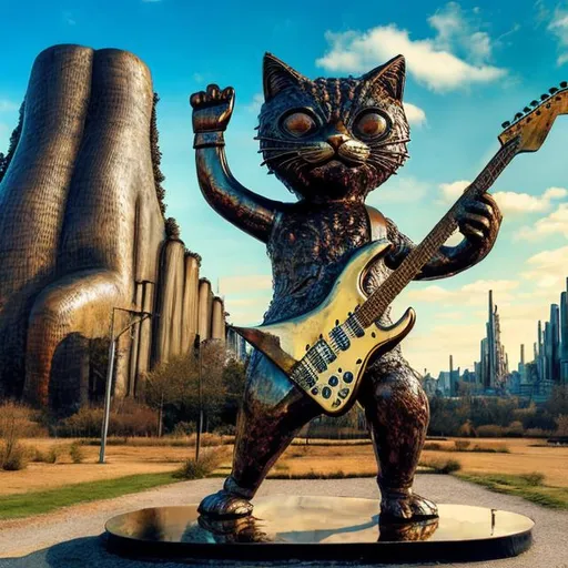 Prompt: giant rusty mirror metal statue of a giant cat playing guitar, in the style of Jacek Yerka, widescreen view, infinity vanishing point