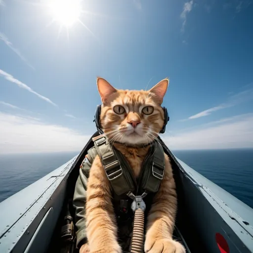 Prompt: Kamikaze Cat pilot, flying in a Yokosuka MXY-7 Ohka, wide angle perspective, surreal ocean background, infinity vanishing point