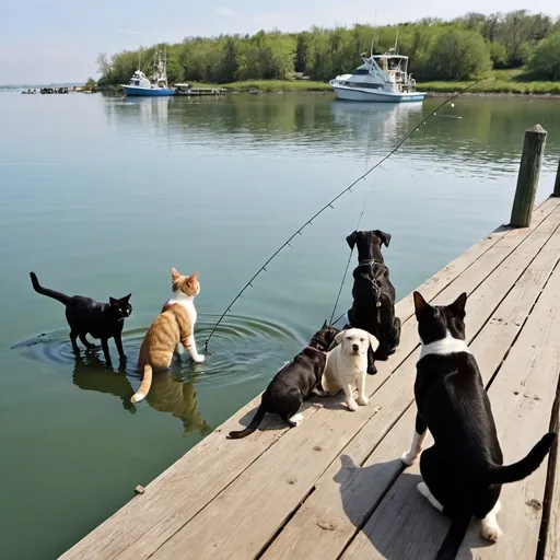 Prompt: a cat fishing on a pier overlooking dogs in the water