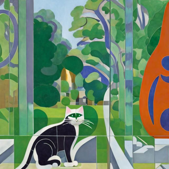 Prompt: ((((giant cat playing guitar) chrome statue inlaid with emeralds) in the style of Matisse) wide perspective view) infinity vanishing point