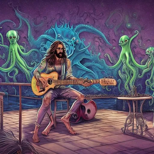 Prompt: jesus band playing guitars at an exotic poolside patio barbeque grill, infinity vanishing point, cthulhu nebula background