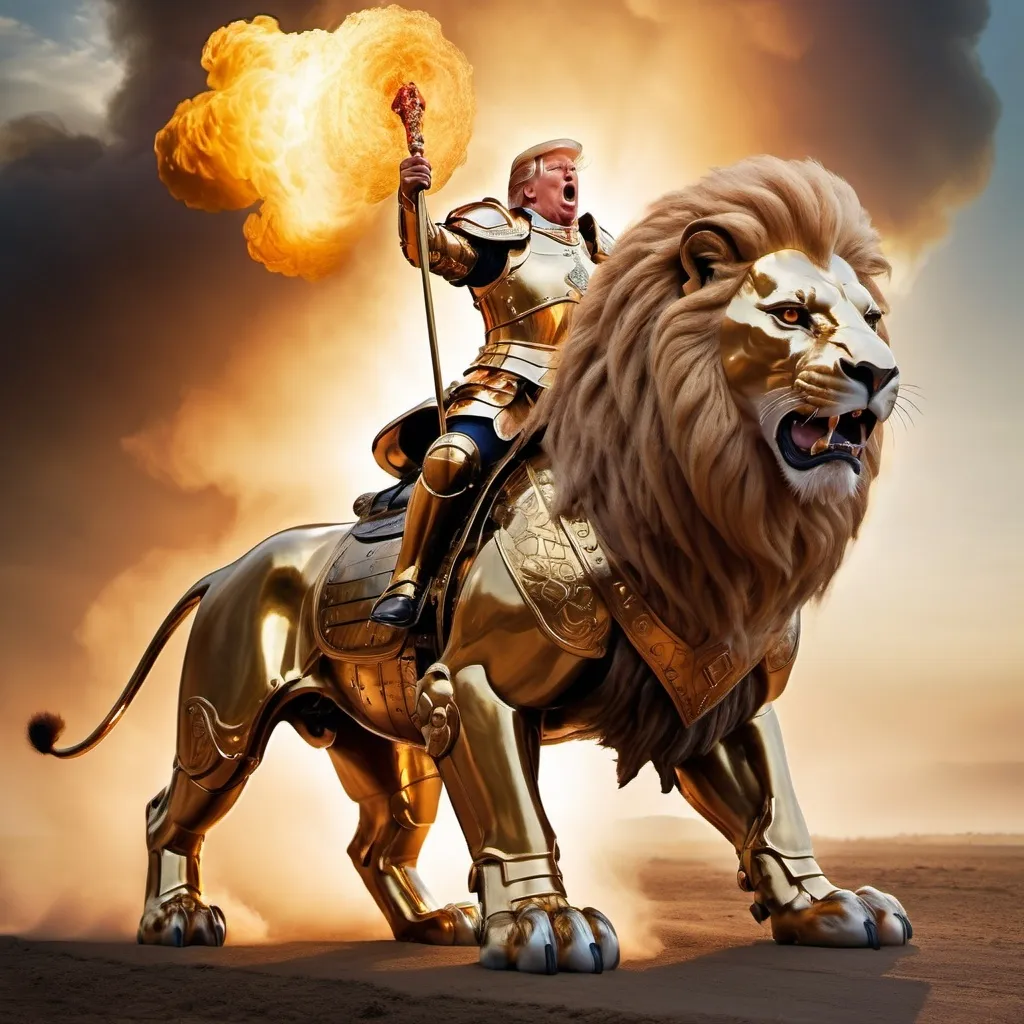 Prompt: Trump riding the biggest giant firebreathing armored war-lion in the world, overhead golden hour lighting, foggy wide angle view, infinity vanishing point