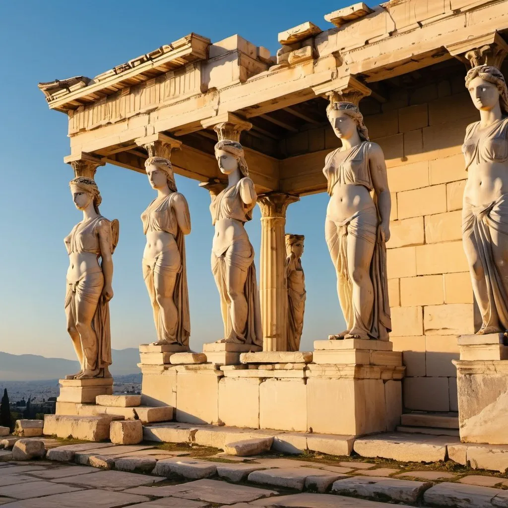 Prompt: The Caryatid porch of the Erechtheion, overhead golden hour lighting, extra wide angle field of view, infinity vanishing point