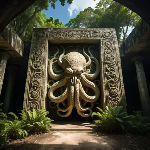 Prompt: in the Belize jungle, a giant ancient intricately detailed bas relief covered arcology of cthulhu, overhead lighting shadows, wide angle view, 25 degree offset infinity vanishing point