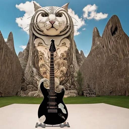 Prompt: ((((giant cat playing guitar) ebony statue inlaid with mother of pearl) in the style of Jacek Yerka) wide perspective view) infinity vanishing point