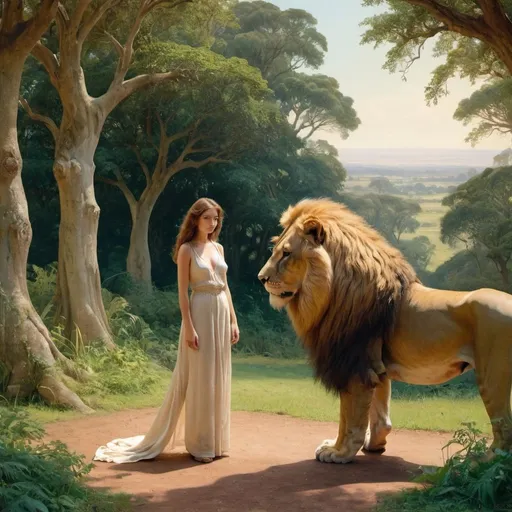 Prompt: Una and the Lion, by William Wyon, lush background, wide ratio view, infinity vanishing point