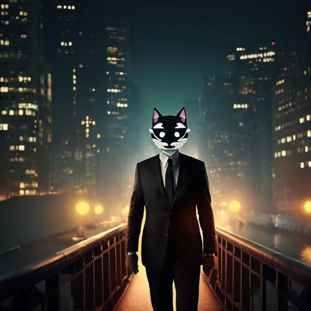 Prompt: secret agent with a cat head, on a dark bridge, overhead lighting, wide view