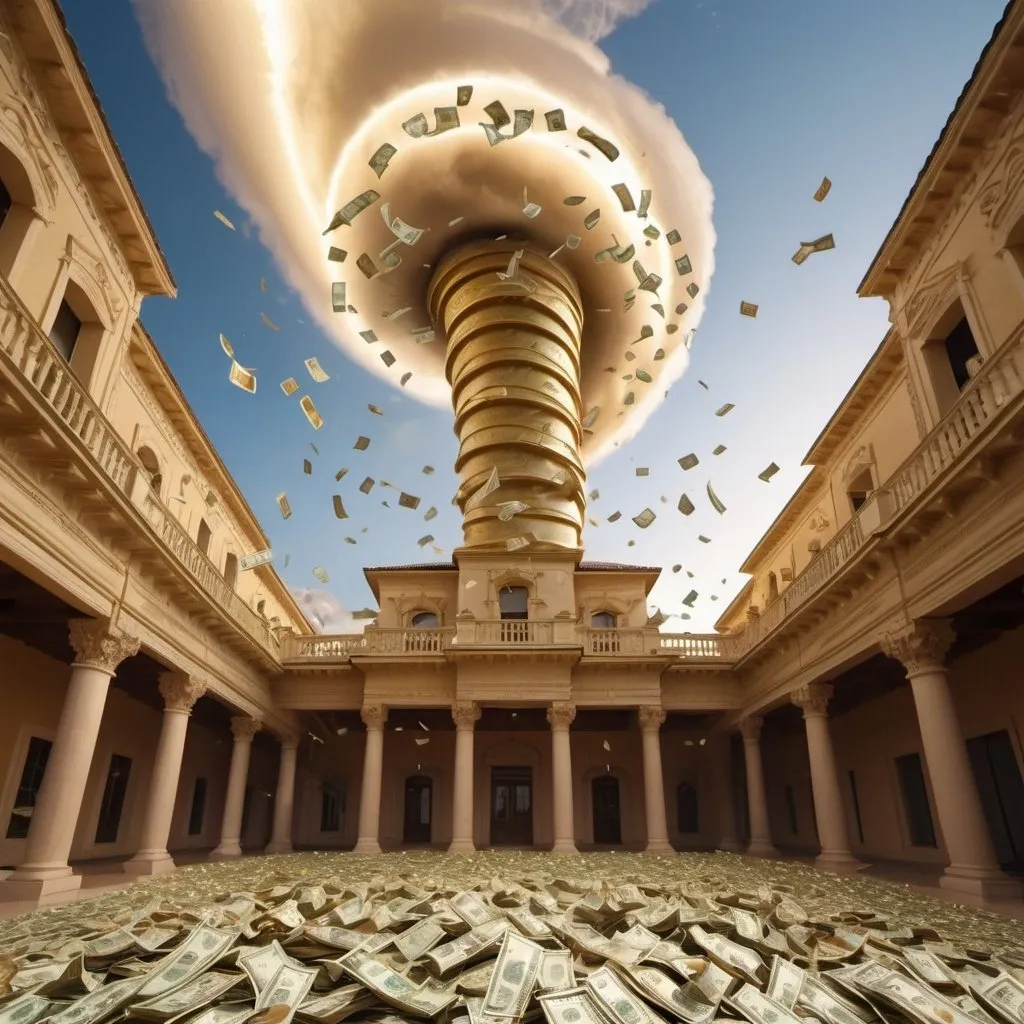 Prompt: giant tornado of money, outdoors exotic palace, overhead golden lighting, wide angle view, infinity vanishing point