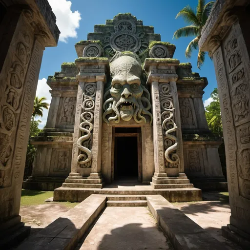 Prompt: in Belize, a giant ancient intricately detailed bas relief covered temple of cthulhu, overhead lighting shadows, wide angle view, infinity vanishing point