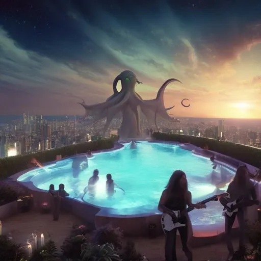 Prompt: wide view 10 feet from a 7 jesus band playing guitars, at an exotic rooftop infinity pool, infinity vanishing point, cthulhu nebula background