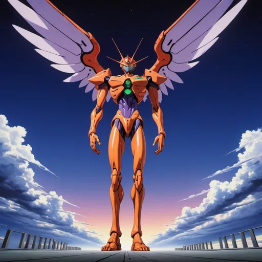 Prompt: giant Sahakwieru the tenth angel from Neon Genesis Evangelion, overhead lighting, wide angle view, surreal background proportions, infinity vanishing point
