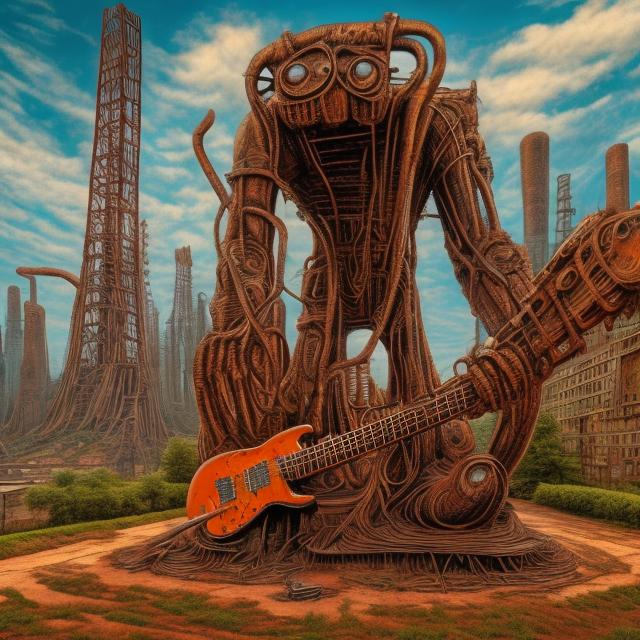 Prompt: giant rust streaked steel statue of a giant cat playing guitar, in the style of Jacek Yerka, widescreen view, infinity vanishing point