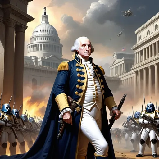 Prompt: george washington is the warhammer emperor, year 40000 AD, wide palace background with space marines, long distance infinity vanishing point