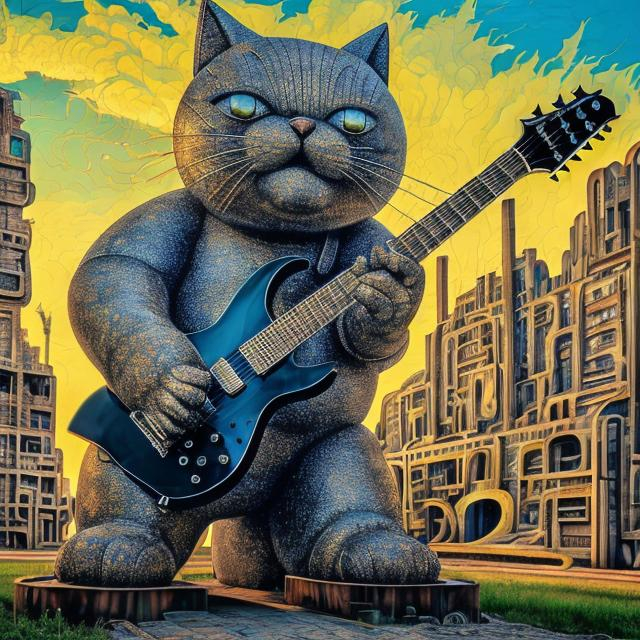 Prompt: giant metal statue of a giant cat playing guitar, in the style of Jacek Yerka, widescreen view, infinity vanishing point