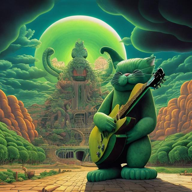 Prompt: giant jade statue of giant cat playing a guitar, widescreen view, infinity vanishing point, in the style of Jacek Yerka