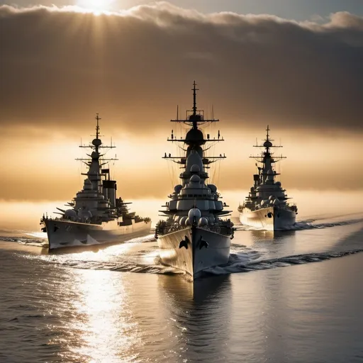 Prompt: HMS Nelson and HMS Rodney, N class battleships, overhead golden hour lighting, foggy wide angle view, infinity vanishing point