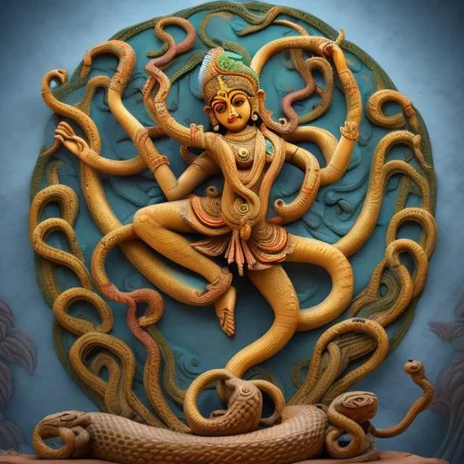 Prompt: dancing Nataraja statue holding many snakes, landscape background
