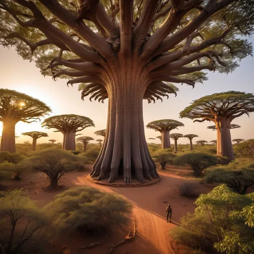 Prompt: giant xenomorph hive surrounded by lush baobab trees, overhead golden hour lighting, extra wide angle field of view, infinity vanishing point